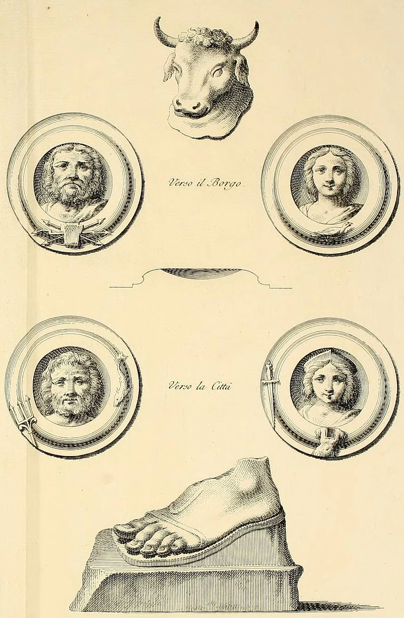 Particolari dell’Arco di Augusto, incisione